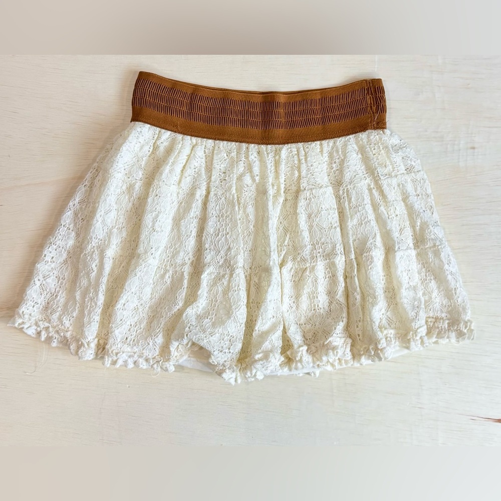 Poof Boho White Floral Lace Mini Skirt Brown Smocked Waist Large